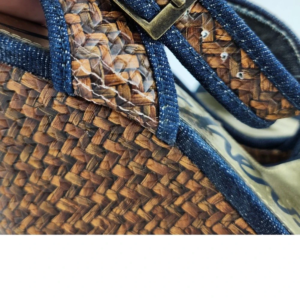 Skechers Wedge Sandals Women 9‎ Blue Denim Brown Woven Platform 38268